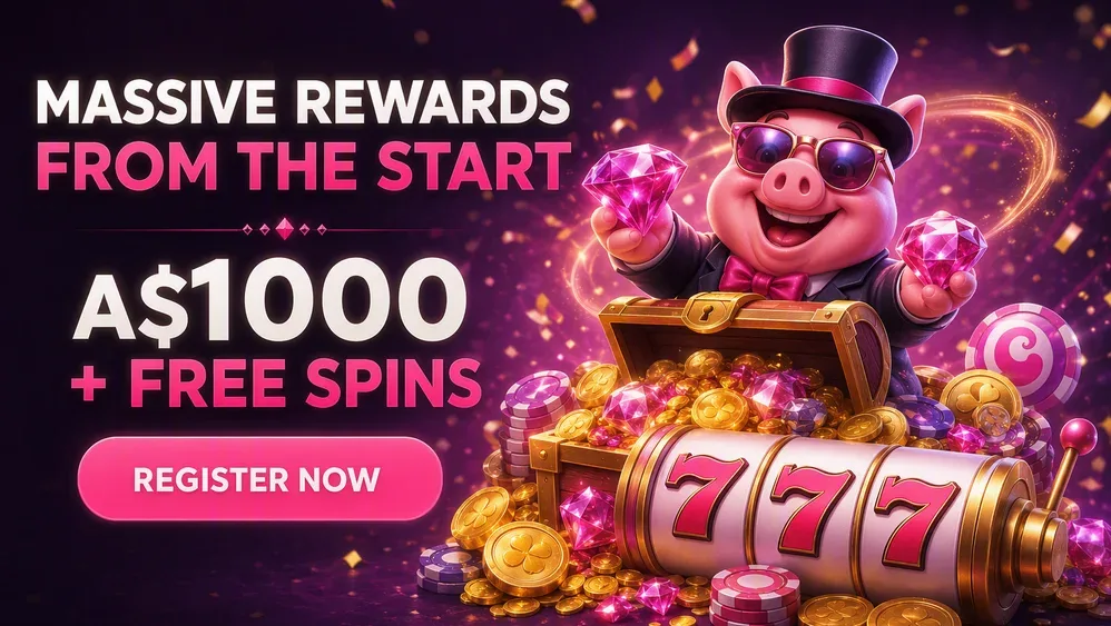 Welcome bonus banner with A$1000 match and free spins